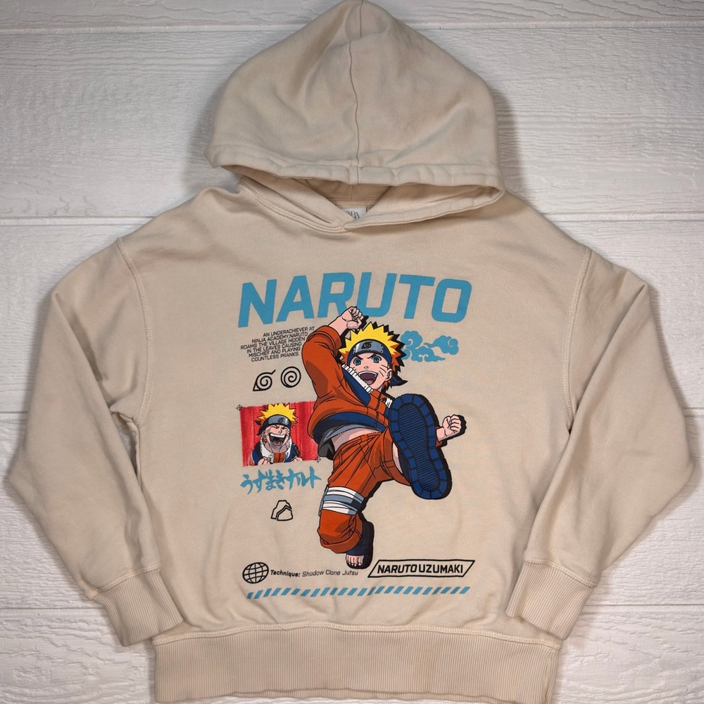 Zara Naruto Uzumaki Hoodie Kids 9-10 Pullover Beige Anime Graphic Sweatshirt